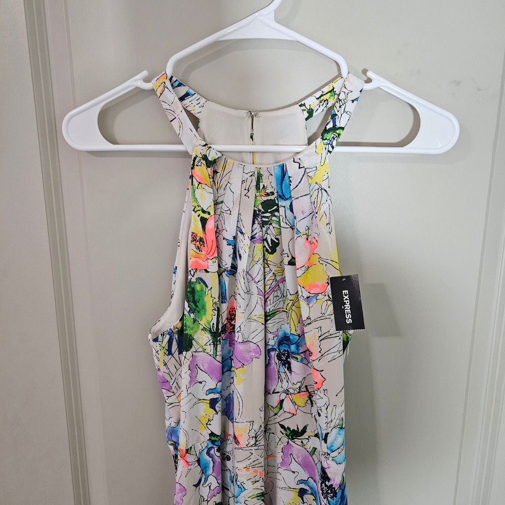 Express Floral Halter Neck Mini Dress Watercolor Pleated Sleeveless Multi 10 NEW - Picture 2 of 12